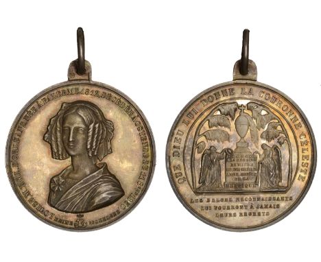 BELGIUM, Death of Queen Louise, 1850, a silver medal, unsigned, draped bust facing three-quarters left, rev. tomb flanked by 