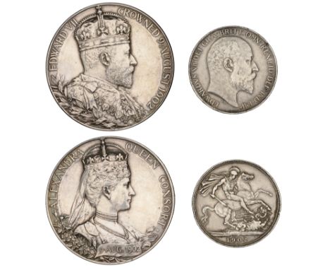 Edward VII, Crown, 1902 ii (S 3978); together with a silver Coronation medal, 1902, by G.W. de Saulles, 56mm [2]. First good 