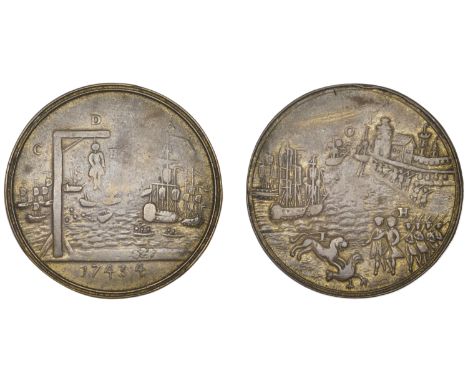 French and Spanish Fleets Defeated off Toulon, 1744, a pinchbeck medal, unsigned, body hanging from gallows, naval engagement