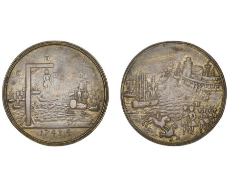 French and Spanish Fleets Defeated off Toulon, 1744, a pinchbeck medal, unsigned, body hanging from gallows, naval engagement