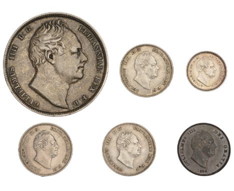 William IV, Halfcrown, 1834, Britannia Groats (3), all 1836, Threehalfpence, 1835/4, Third-Farthing, 1835 (S 3834, 3837, 3839
