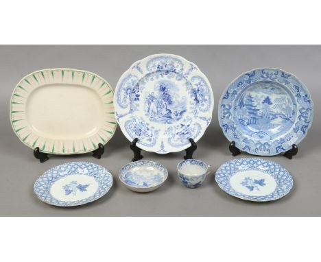 An early 19th century pearlware miniature cup and saucer printed with a boy riding a dog along with a collection of Brameld p