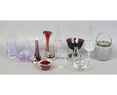 A collection of assorted glasswares including modern airtwist, biscuit barrel with silver plated mount, Caithness and Whitefr