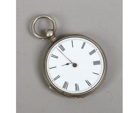 A fob watch in engraved silver cast and with enamel dial.