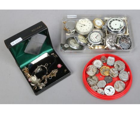 A quantity of pocket watches, watch heads and watch movements, along with a lighter, silver ring etc including Timex, Ingerso