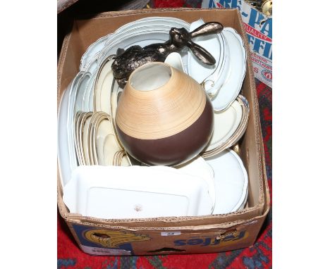 A box of ceramic dinnerwares to include Bavarian and Royal Doulton and over design part service.
