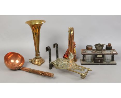 A group of mostly metalwares to include Desilux horn, Ontario Regiment bugle, coffee grinder etc.