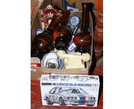 A box of miscellaneous including oriental style vases, torsion clock, blue and white willow pattern teawares etc.