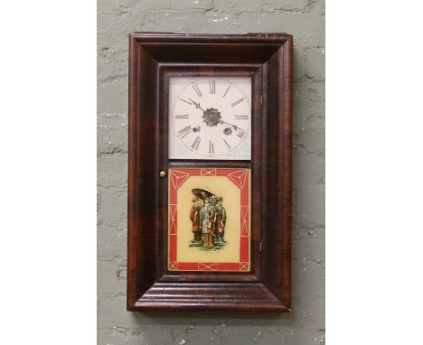 A 19th century rosewood cased 8 day American drop dial wall clock with chinoiserie glass panel by Waterbury Clock Company of 