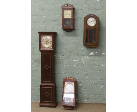 Three 8 day wall clocks one oak cased along with a mahogany cased grandmother clock.