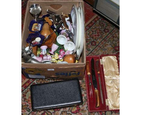 A box of miscellaneous to include white metal model of a stag, antler handled cutlery, tourist wares etc.