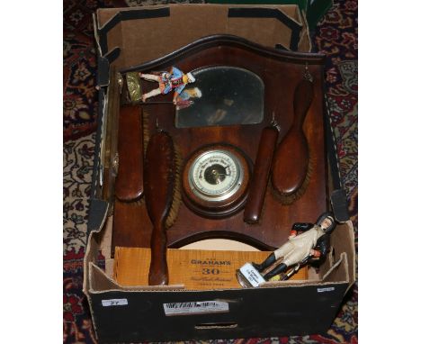 A box of miscellaneous to include oak hall mirror / barometer, framed prints, bisque and composite figures etc.