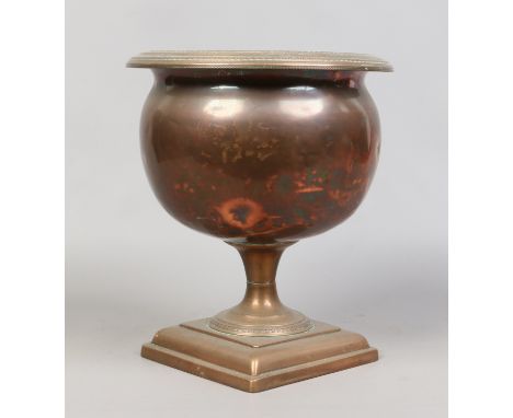 A decorative copper planter raised on a square formed plinth.