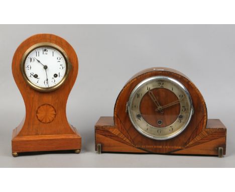 An Art Deco mantle clock along with an oak Lancet mantel clock. Condition Report. To be used as a guide only. Both in need of