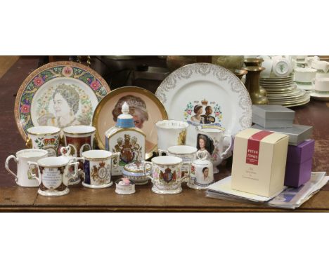 A large collection of bone china commemorative wares including Royal Crown Derby, Royal Albert, Coalport, Royal Worcester, Mi