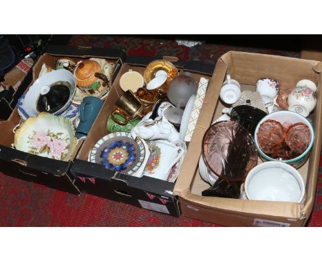 Three boxes of mostly pottery including cottageware, Aynsley, Art Deco, glassware, Royal Worcester etc.