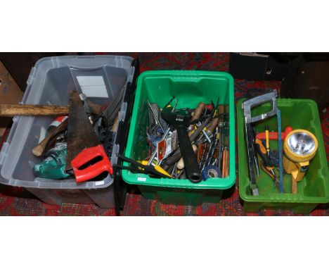 Three boxes of mainly engineers tools spanners, drivers, hammers 18" Kennedy wrench etc.