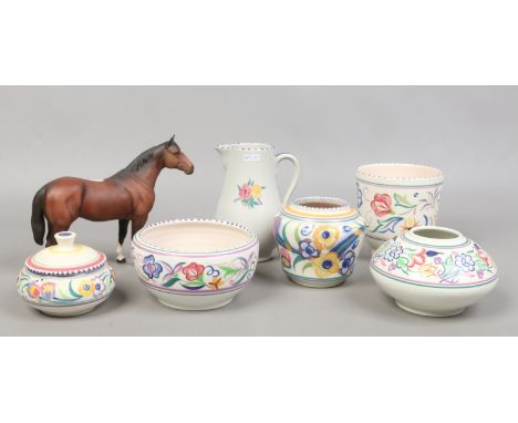 Six pieces of Poole pottery along with a Beswick bisque model of a chestnut horse. Condition Report. To be used as a guide on