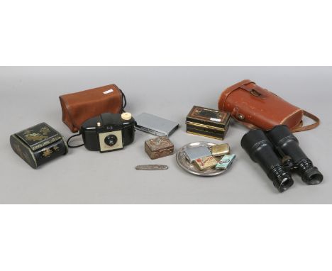 A quantity of collectables including a cased pair of Chevalier Army and Navy binoculars, lighters, Royal Commemorative pocket