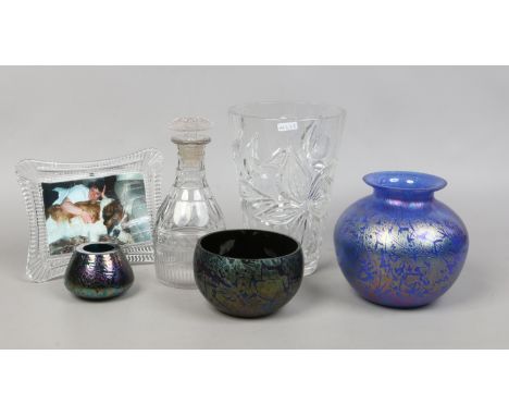 A quantity of glassware to include Waterford picture frame, irridescent glass vase, decanter etc.