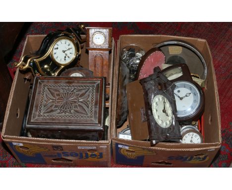 Two boxes of various clocks and watch and clock parts including a cuckoo, apprentice miniature longcase, Smiths etc, along wi