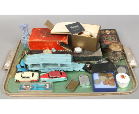 A tray of collectables including Dinky Diecast toys, coins, Caithness glass, wristwatches, lighters etc.