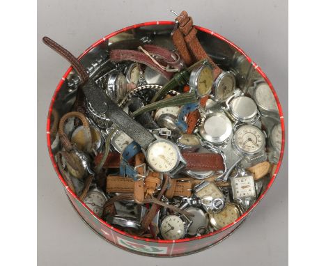 A tin of mostly ladies wristwatches including Ingersol, Timex, Smiths etc.