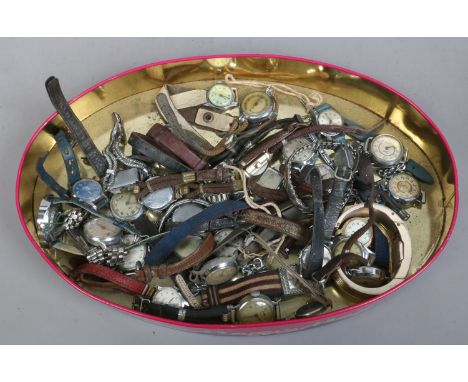 A tin of wristwatches some manual examples including Medana, Timex, Oris etc.