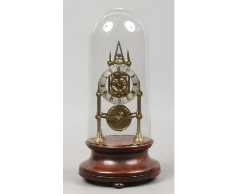 A early 20th century six pillar fusee skeleton clock raised on a turned mahogany base with glass dome, height 35cm.