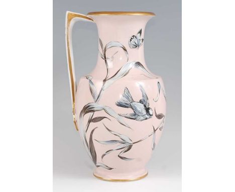 A Victorian Irish porcelain jug / pitcher, decorated in black and white enamels with birds and insects on a shaded pink groun