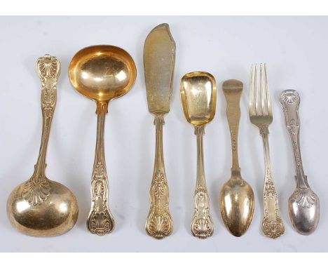 A small quantity of Victorian and later silver gilt flatware, in the Kings and similar patterns, to include a pair of sauce l