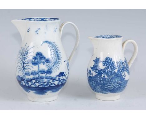 A Caughley porcelain sparrow-beak cream jug, underglaze blue painted with Oriental river landscapes, crescent C mark verso, c