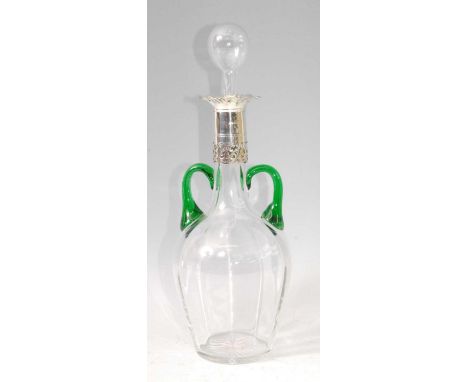 A late Victorian glass mallet decanter and stopper, having pierced silver collar assayed Birmingham 1899, applied green glass