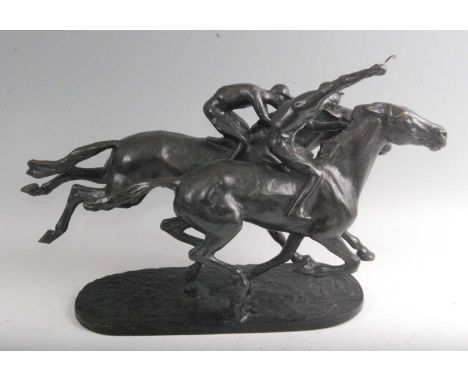 After Albert Hinrich Hussmann (1874-1946), a large bronze modelled as racehorses and jockeys, on a naturalistic base, signed.