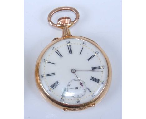 A gent's early 20th century Surete 18ct gold cased open faced pocket watch, having an unsigned and jewelled white enamel dial