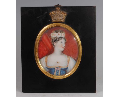 After George Dawe (1781-1829) - Portrait miniature of HRH Princess Charlotte Augusta of Wales 1796-1817, wearing flowers in h