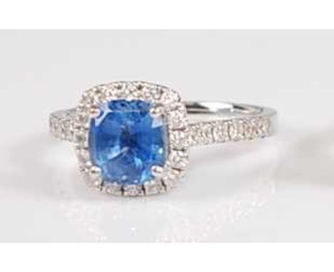 A white metal, sapphire and diamond halo cluster ring, featuring a cushion cut sapphire within a border of sixteen round bril
