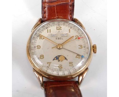 A gent's Ebel gold plated triple calendar moonphase wristwatch, circa 1950, having signed silvered dial with luminous Arabic 