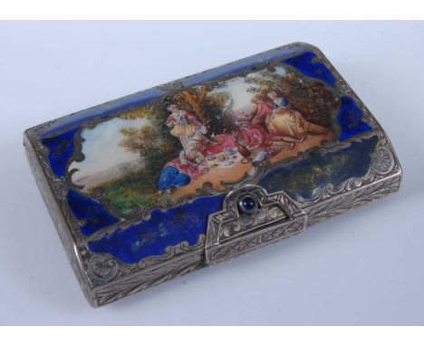 A continental silver and enamelled box, early 20th century, the hinged cover decorated a scene of a noble family picnicing wi