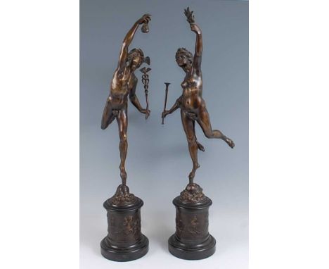 After Jean de Boulogne, known as Gianbologna (1529-1608) - a pair of patinated bronze models of Mercury and Fame, late 19th c