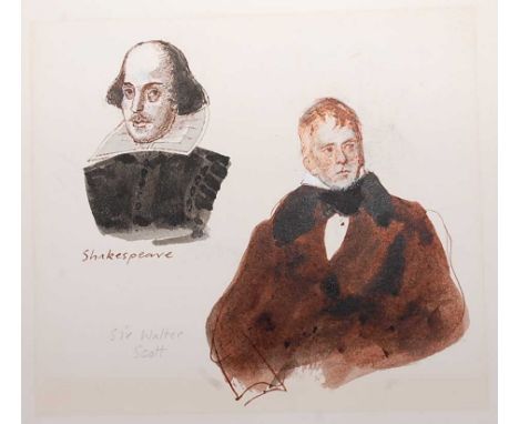 John Sergeant (1937-2010) - Shakespeare and Sir Walter Scott, bust portraits, ink and watercolours, 14 x 16cm; and one other 