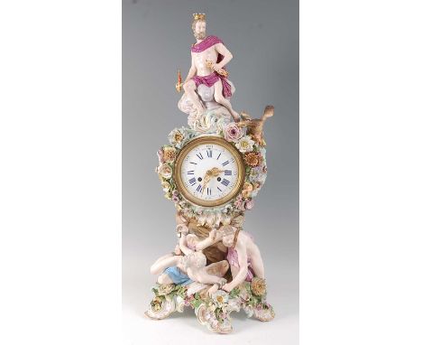 A 19th century Meissen porcelain 'Prometheus' mantel clock, of impressive proportions, the case surmounted with figure of Zeu