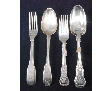 Assorted Scottish silver flatware in the Kings and the Fiddle patterns, comprising a pair of table forks in the Fiddle patter