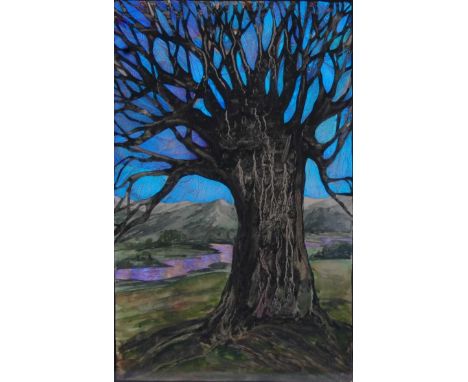 “Spaj” Atkinson (act.1920 & ‘30s) – A lone tree beside a stream, watercolour enhanced with butterfly wings, mounted on black 