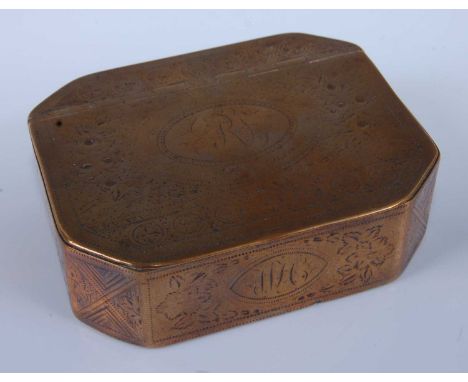 An 18th century brass snuff-box, of rectangular form, with canted corners, all-over stipple engraved with a central monogramm