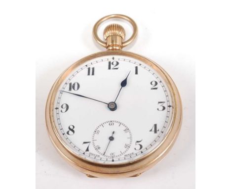 A George V 9ct gold cased gent's open faced pocket watch, the white enamel dial having Arabic numerals and subsidiary seconds