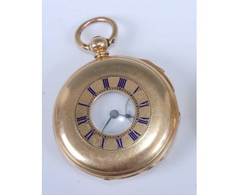 A circa 1900 continental gent's 18ct gold cased quarter-repeating half hunter pocket watch, the outer case with blue enamel R