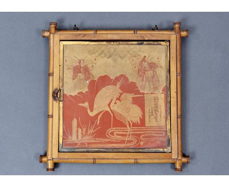 A JAPONISNE BAMBOO SHAPED LIGHT WOOD, GILT LACQUERED BRASS AND VARNISHED PICTORIAL PRINTED FOLDING MIRROR, C1876, 27 X 27CM (