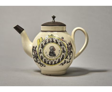 METHODISM. A RARE STAFFORDSHIRE CREAMWARE TEAPOT, C1790 AND EARLY REPLACEMENT TINPLATE COVER, GLOBULAR, TRANSFER PRINTED IN B