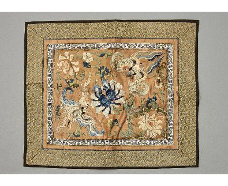 A CHINESE EMBROIDERED SILK PHOENIX-AND-LOTUS PANEL, 19TH / EARLY 20TH C, WITH WOVEN APPLIQUE SURROUND, 36 X 42CM Condition re
